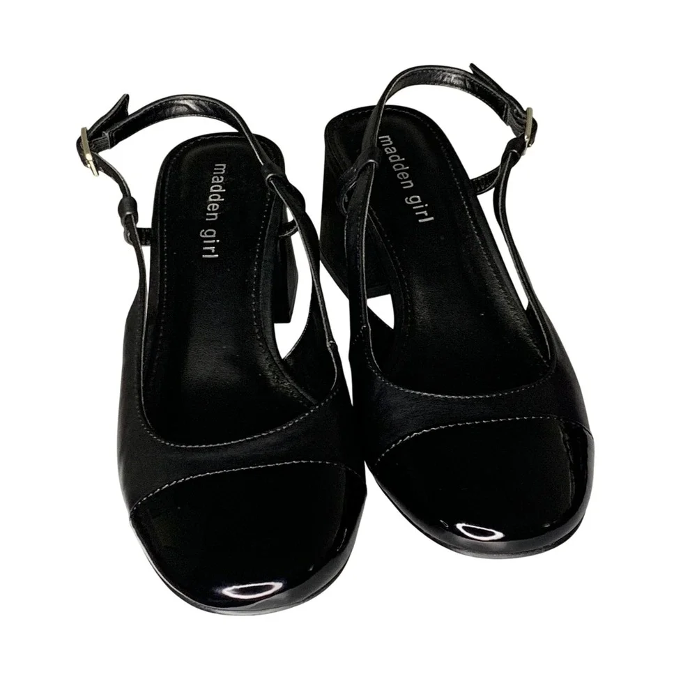 Madden Girl Kllty Black Block Heel Slingback Pumps Cap Toe Women's Size‎ 9M
